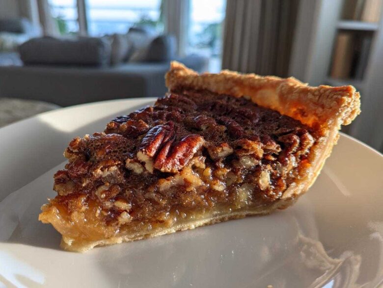 A delicious slice of Maple Butter Bourbon Pecan Pie on a white plate, showcasing a flaky crust and rich filling with whole pecans.