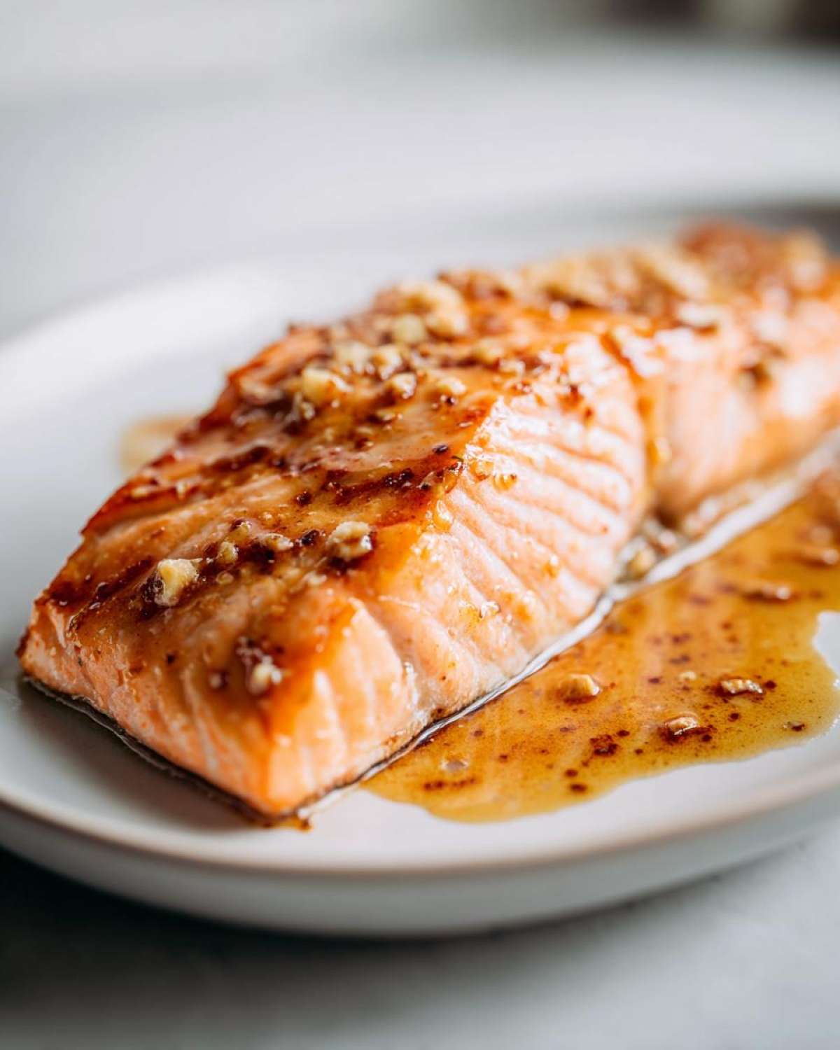 A perfectly cooked Maple Dijon Salmon fillet glistening with a sweet and savory glaze, served on a white plate.