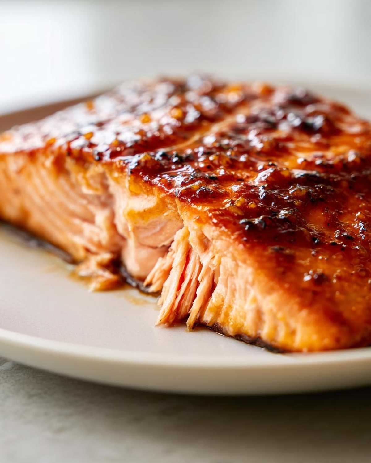 A close-up of a perfectly cooked Maple Dijon Salmon fillet on a white plate, showing flaky texture and glistening glaze.