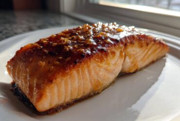 A perfectly cooked Maple Dijon Salmon fillet glistening with a sweet glaze and sprinkled with sesame seeds, served on a white plate.