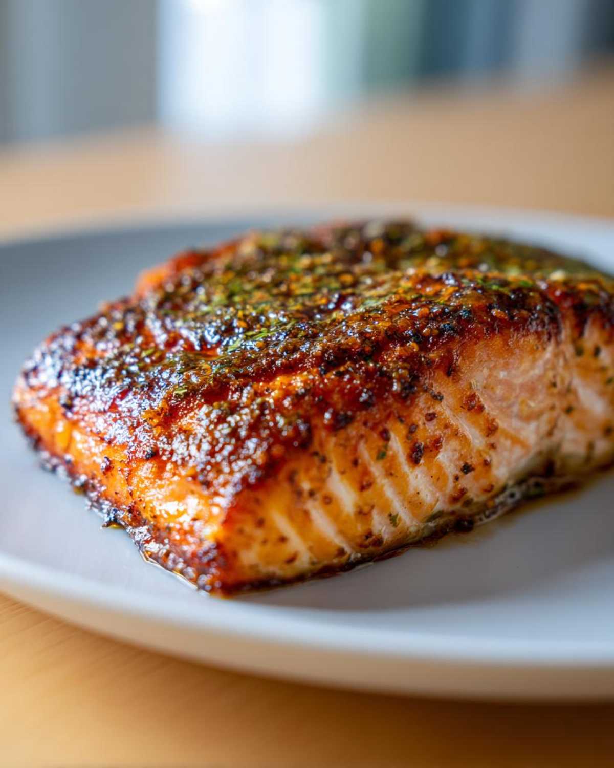 A perfectly cooked fillet of Maple Dijon Salmon, glistening with a flavorful glaze and herbs.
