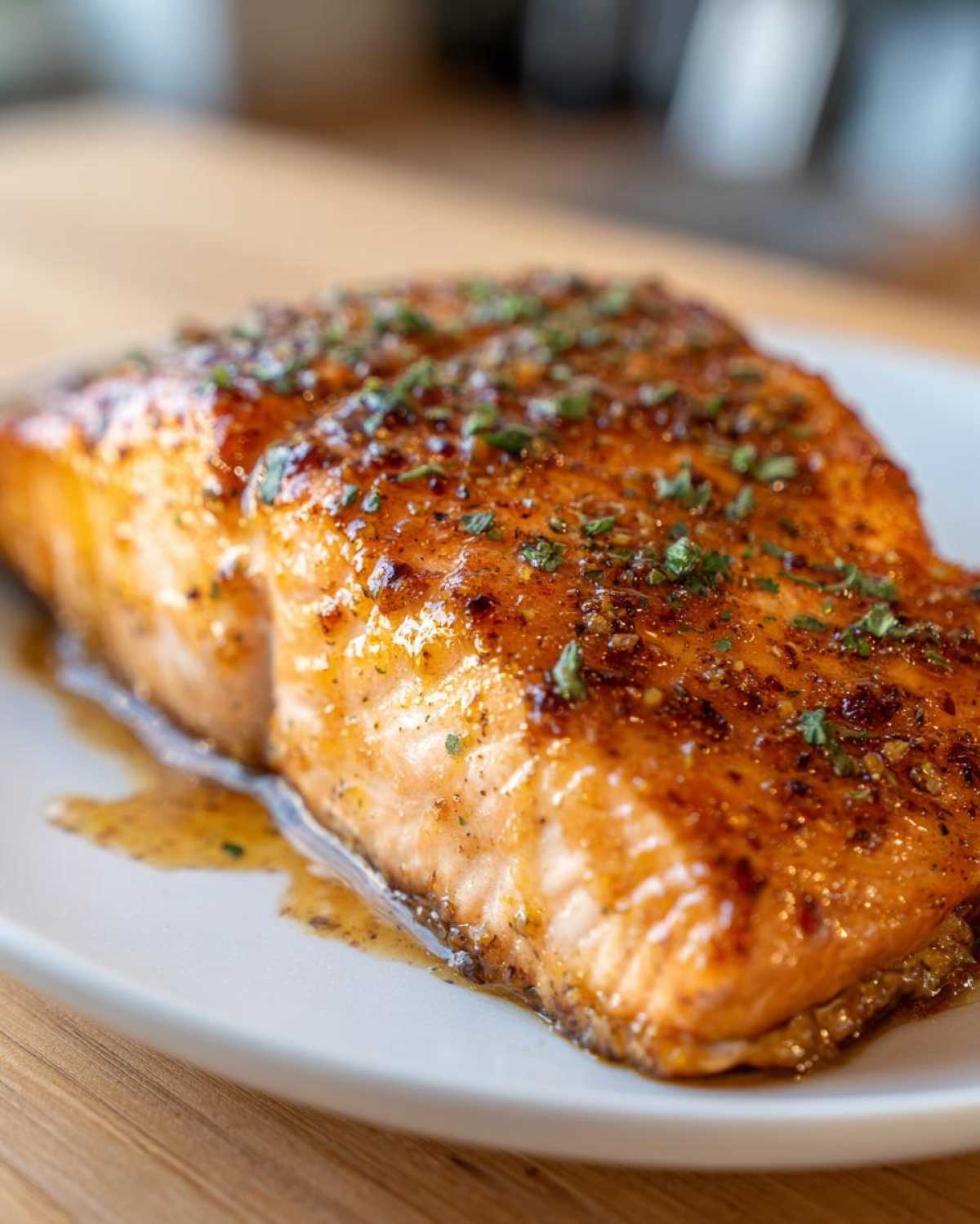 A close-up of a perfectly cooked Maple Dijon Salmon fillet, glistening with glaze and sprinkled with herbs.
