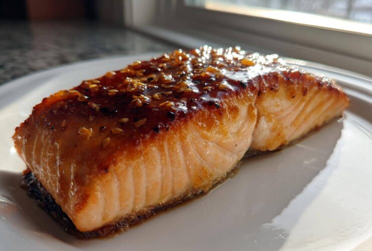 A perfectly cooked Maple Dijon Salmon fillet glistening with a sweet glaze and sprinkled with sesame seeds, served on a white plate.