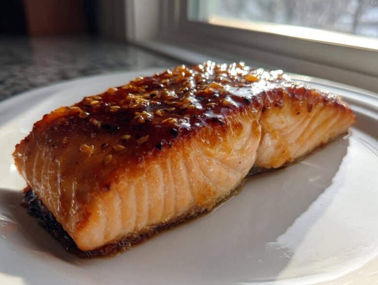 A perfectly cooked Maple Dijon Salmon fillet glistening with a sweet glaze and sprinkled with sesame seeds, served on a white plate.