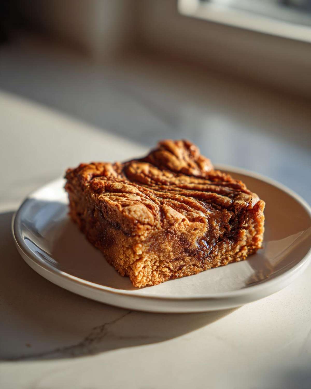 A close-up of a single slice of Maple Pecan Swirl Blondies on a white plate, showcasing the swirled topping.