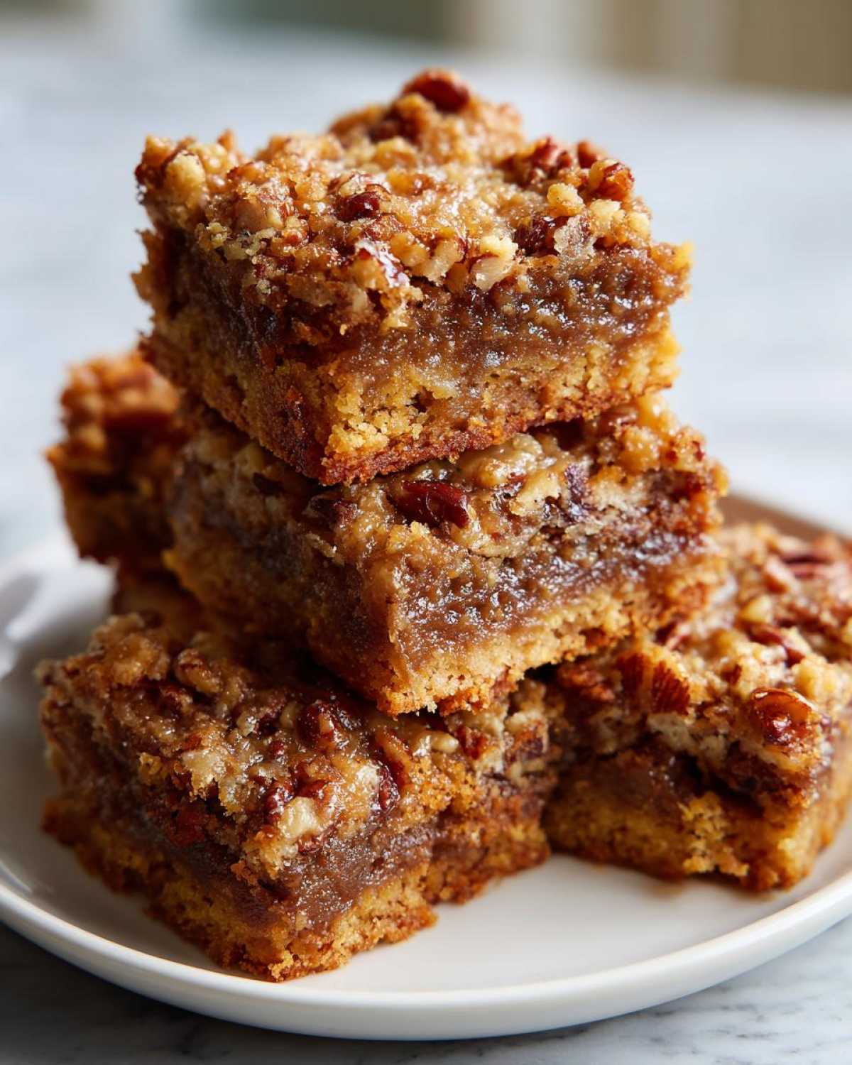 A close-up stack of delicious Maple Pecan Swirl Blondies on a white plate, showcasing the gooey center and pecan topping.