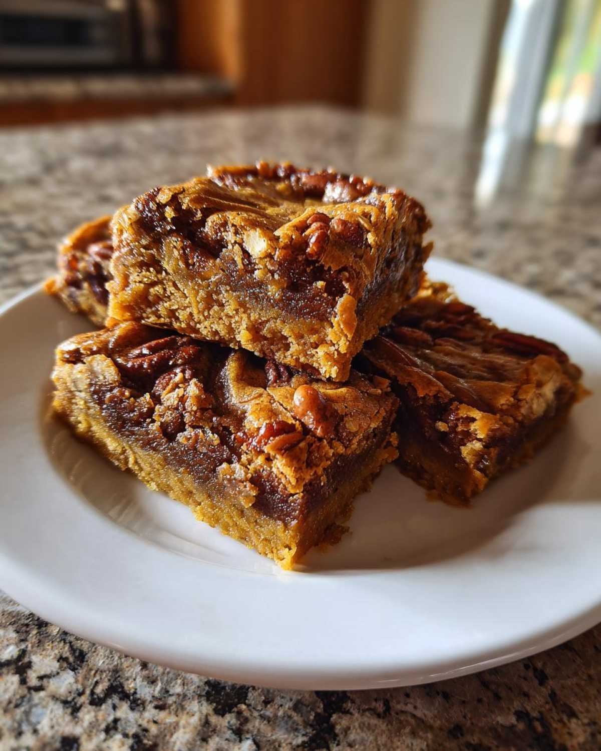 A stack of three Maple Pecan Swirl Blondies on a white plate, showcasing their rich texture and pecan topping.