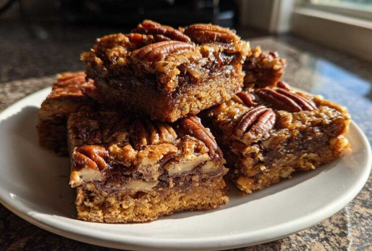 A stack of delicious Maple Pecan Swirl Blondies topped with whole pecans on a white plate.