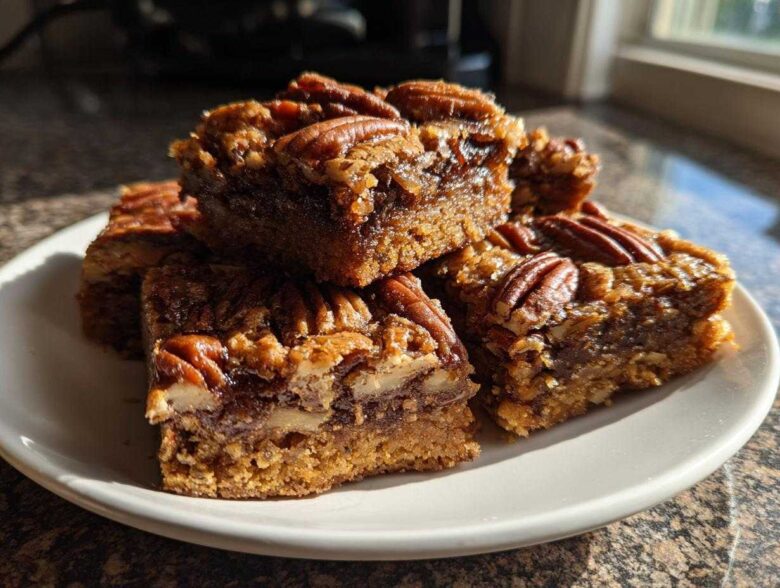 A stack of delicious Maple Pecan Swirl Blondies topped with whole pecans on a white plate.