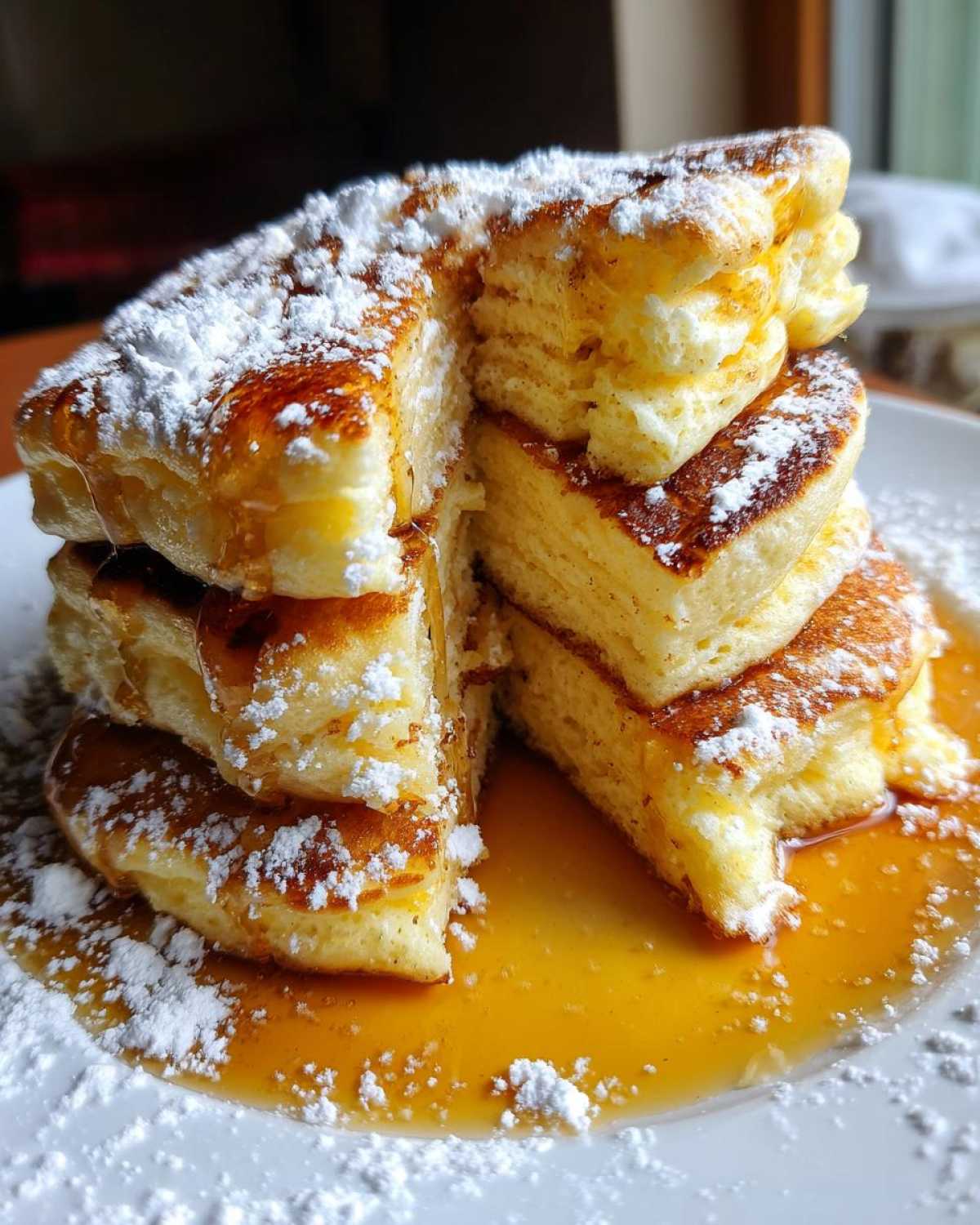A stack of fluffy Maple Soufflé Pancakes dusted with powdered sugar and drizzled with syrup.