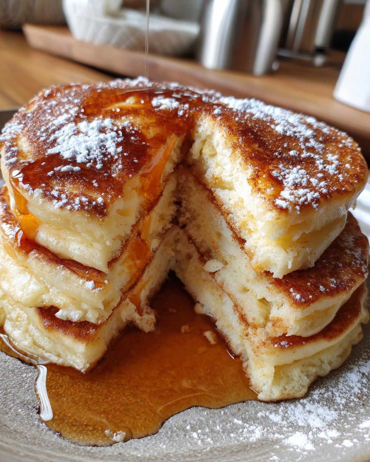 A stack of fluffy Maple Soufflé Pancakes, cut in half, drizzled with syrup and dusted with powdered sugar.