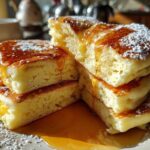 A stack of fluffy Maple Soufflé Pancakes drizzled with golden syrup and dusted with powdered sugar.