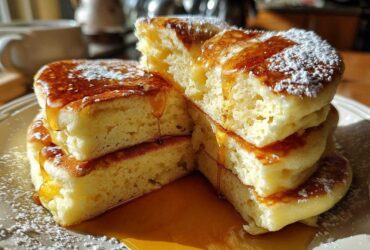 A stack of fluffy Maple Soufflé Pancakes drizzled with golden syrup and dusted with powdered sugar.