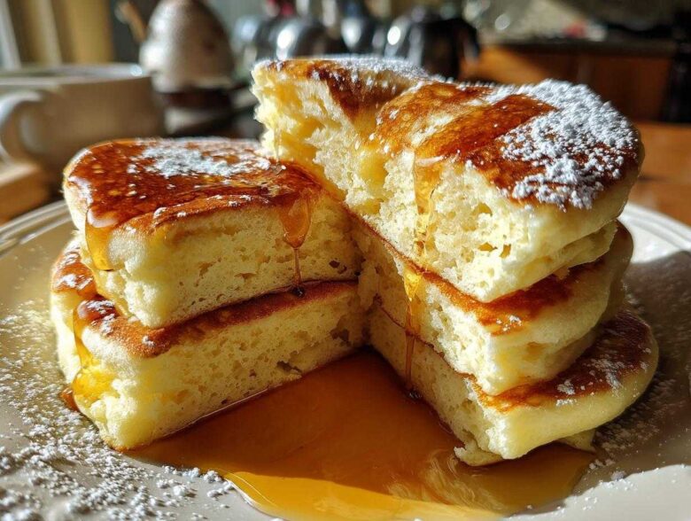 A stack of fluffy Maple Soufflé Pancakes drizzled with golden syrup and dusted with powdered sugar.