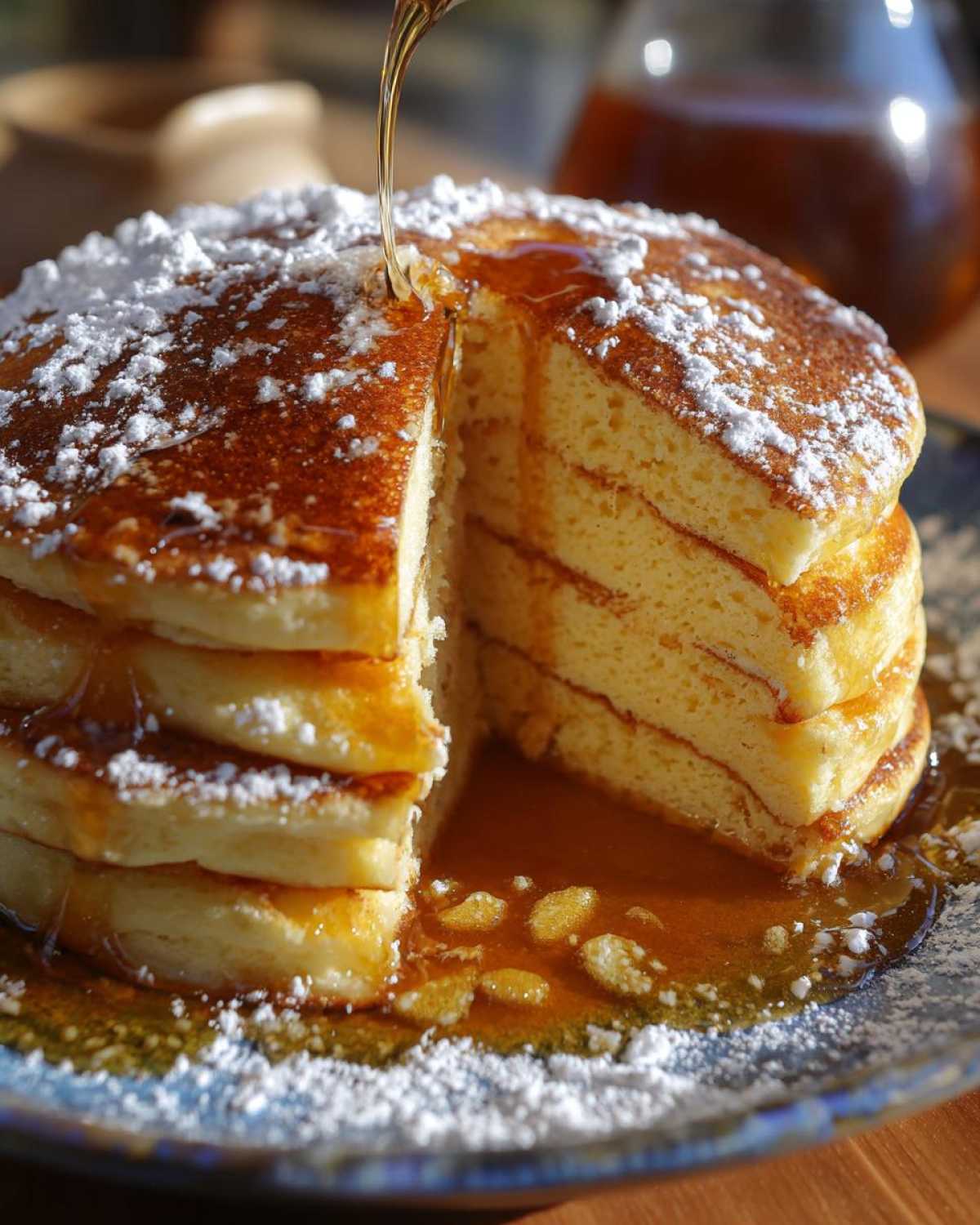 A tall stack of fluffy Maple Soufflé Pancakes, dusted with powdered sugar and drizzled with golden syrup.
