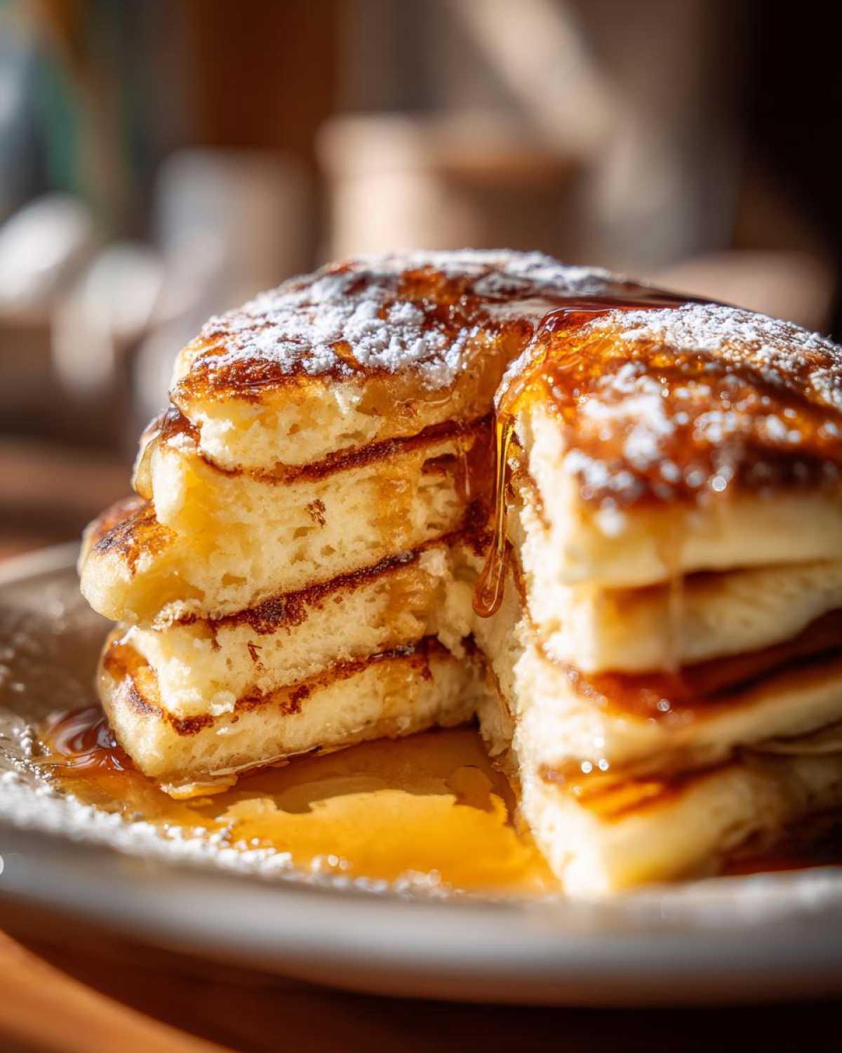 A stack of fluffy Maple Soufflé Pancakes drizzled with golden syrup and dusted with powdered sugar.