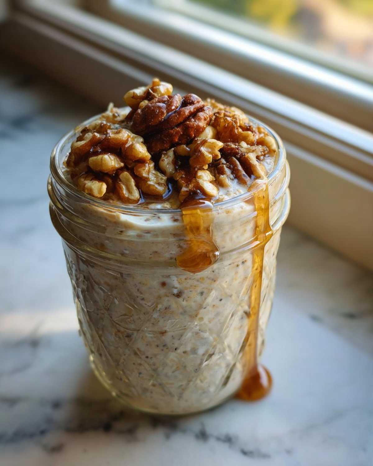 Close-up of Maple Walnut Overnight Oats in a jar, topped with walnuts and drizzled with maple syrup.