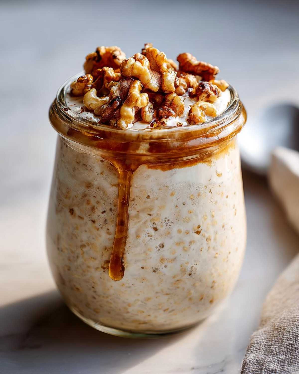 A close-up of Maple Walnut Overnight Oats in a glass jar, topped with walnuts and drizzled with maple syrup.