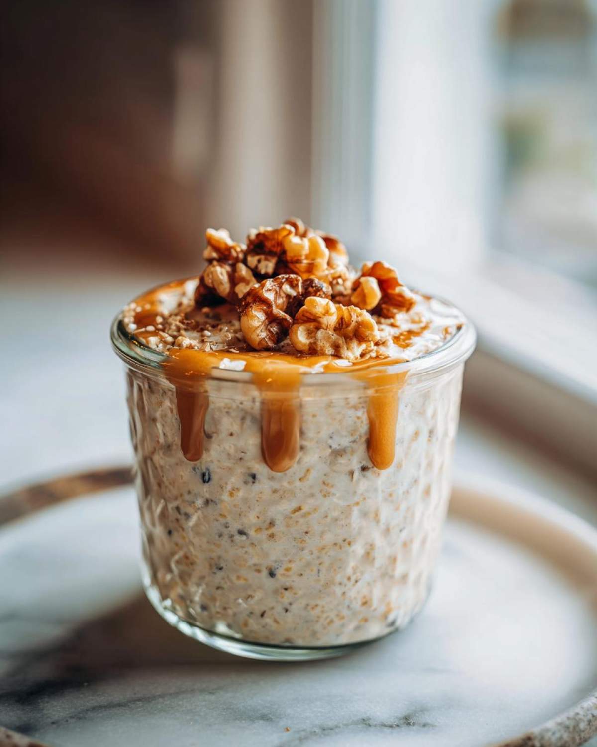 A close-up of Maple Walnut Overnight Oats in a glass jar, topped with walnuts and drizzled with maple syrup.