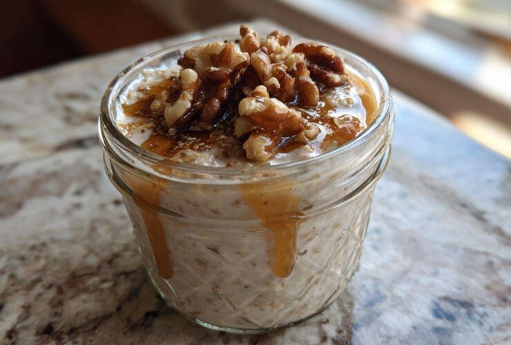 A close-up of Maple Walnut Overnight Oats served in a glass jar, topped with walnuts and drizzled with maple syrup.