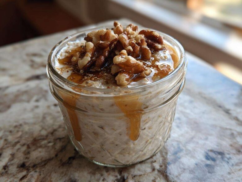 A close-up of Maple Walnut Overnight Oats served in a glass jar, topped with walnuts and drizzled with maple syrup.