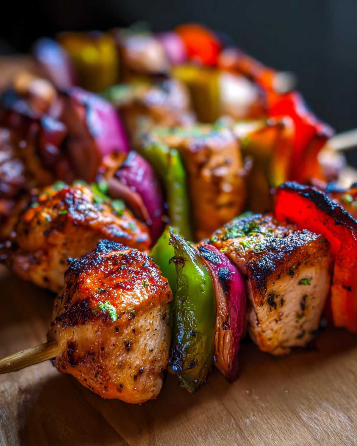 Close-up of juicy Mediterranean Chicken Kabobs with grilled vegetables like bell peppers and red onion.