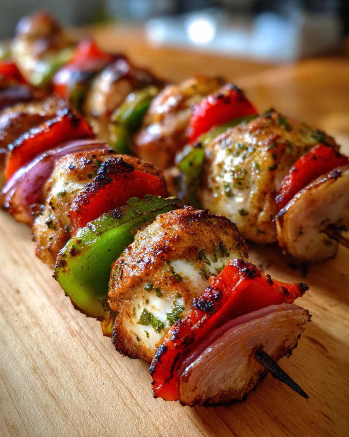Close-up of grilled Mediterranean Chicken Kabobs with red bell peppers, green bell peppers, and red onion on a wooden board.