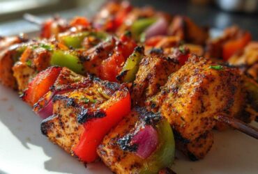 Close-up of grilled Mediterranean Chicken Kabobs with red and green bell peppers and red onion.