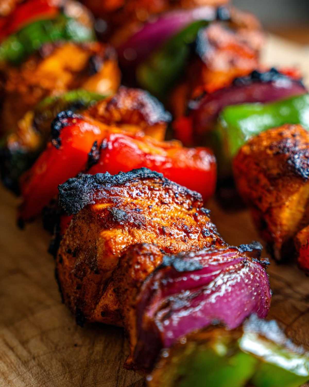 Close-up of grilled Mediterranean Chicken Kabobs with charred chicken, red bell peppers, and red onion.