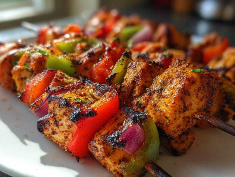 Close-up of grilled Mediterranean Chicken Kabobs with red and green bell peppers and red onion.