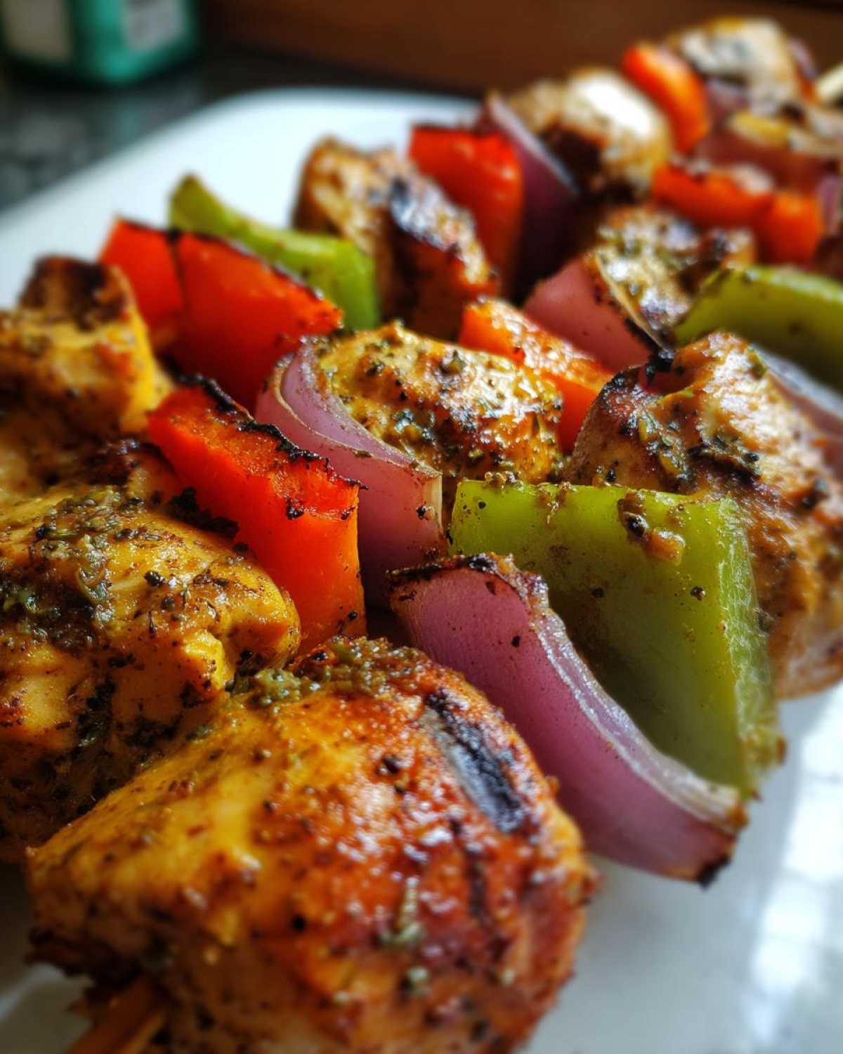 Close-up of juicy Mediterranean Chicken Kabobs with grilled red bell peppers, green bell peppers, and red onion.