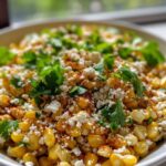 Close-up of a vibrant Mexican street corn bowl topped with crumbled cheese, fresh cilantro, and a sprinkle of chili powder.