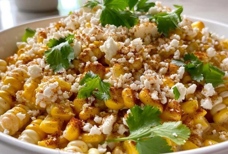 A close-up of a vibrant Mexican street corn bowl topped with crumbled cheese, chili powder, and fresh cilantro.