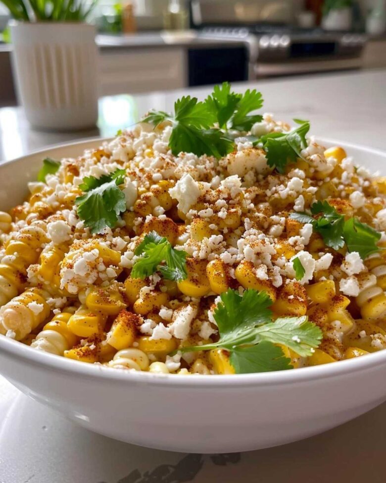 A close-up of a vibrant Mexican street corn bowl topped with crumbled cheese, chili powder, and fresh cilantro.