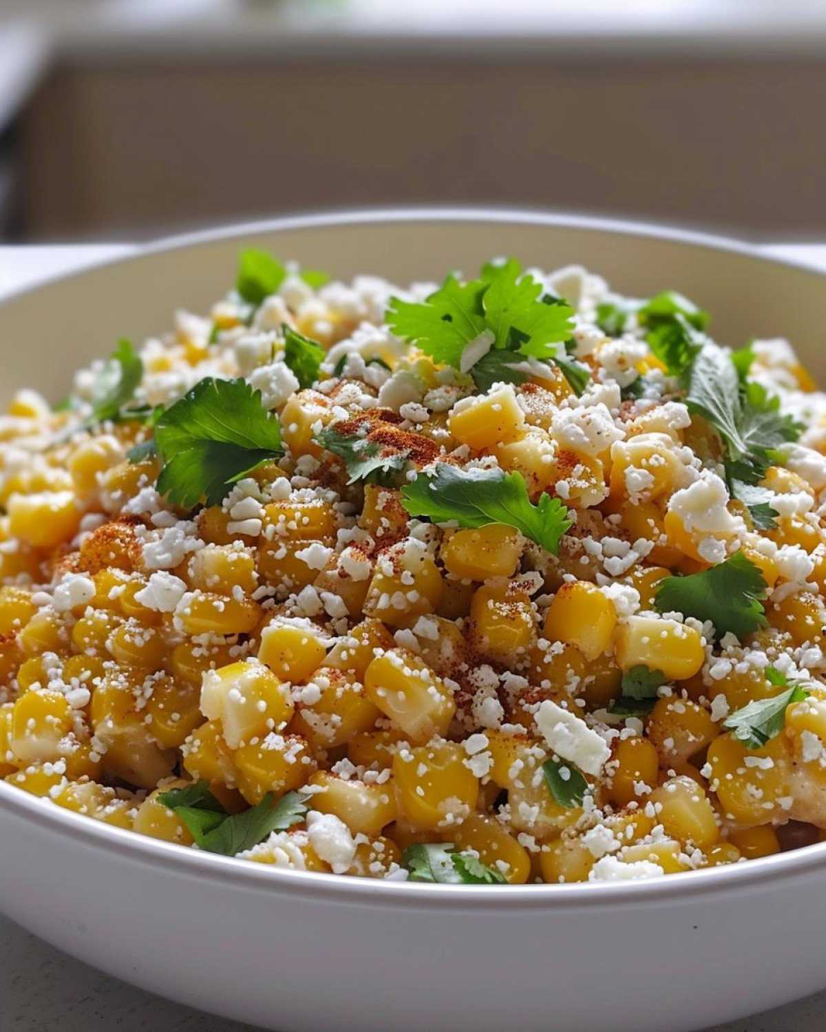 Close-up of a Mexican street corn bowl, featuring corn kernels, crumbled cheese, cilantro, and chili powder.