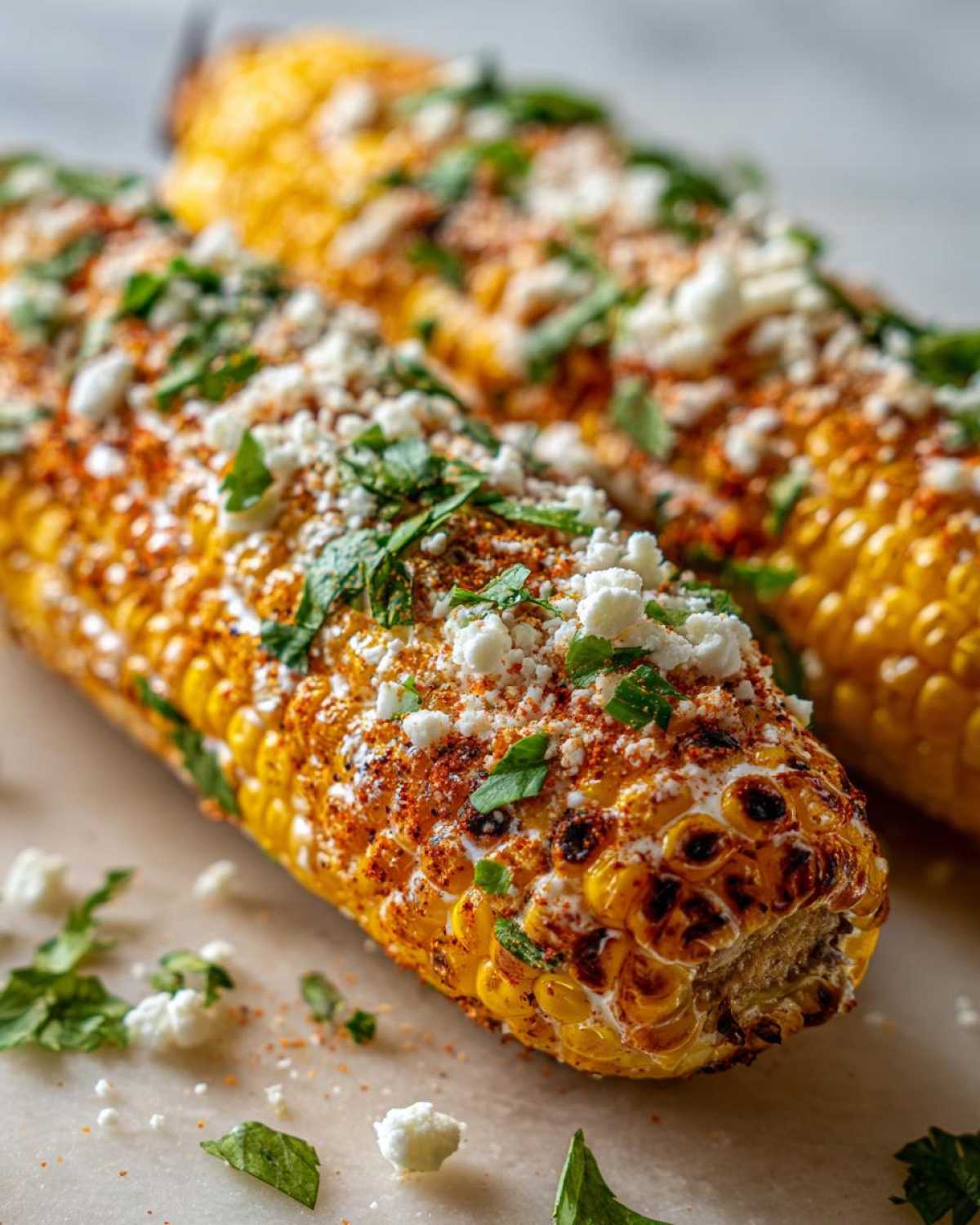 Close-up of grilled Mexican street corn topped with cotija cheese, chili powder, and cilantro.