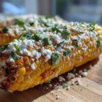 Close-up of grilled Mexican street corn topped with crumbled cotija cheese, cilantro, and chili powder.