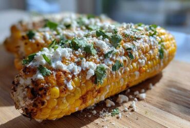Close-up of grilled Mexican street corn topped with crumbled cotija cheese, cilantro, and chili powder.