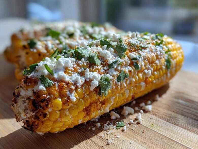 Close-up of grilled Mexican street corn topped with crumbled cotija cheese, cilantro, and chili powder.