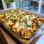 A close-up of bubbling Mexican street corn dip, topped with melted cheese and fresh cilantro, in a glass baking dish.