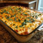 A close-up of a freshly baked Mexican street corn dip in a glass baking dish, topped with melted cheese and cilantro.