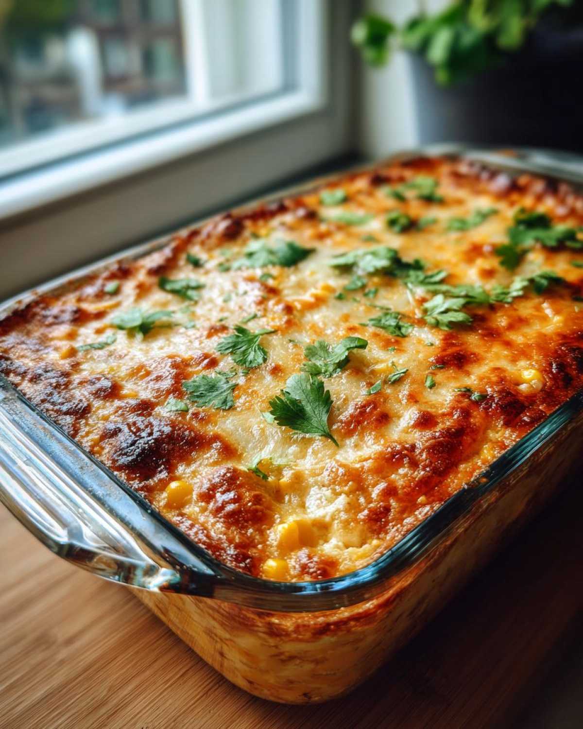 A close-up of a bubbly, golden-brown Mexican street corn dip in a glass baking dish, garnished with fresh cilantro.