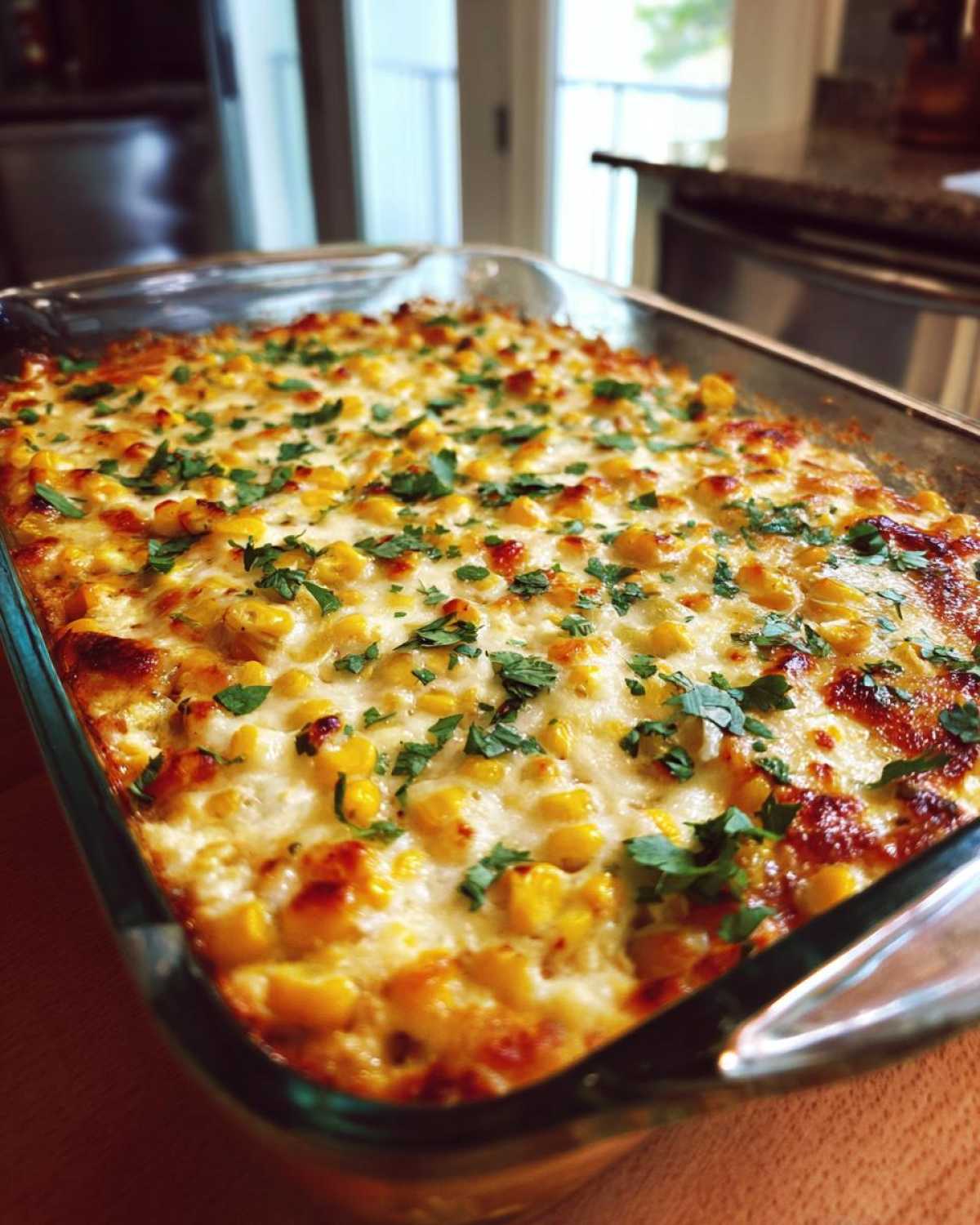 A close-up of freshly baked Mexican street corn dip in a glass baking dish, topped with melted cheese and cilantro.