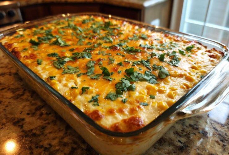 A close-up of a freshly baked Mexican street corn dip in a glass baking dish, topped with melted cheese and cilantro.