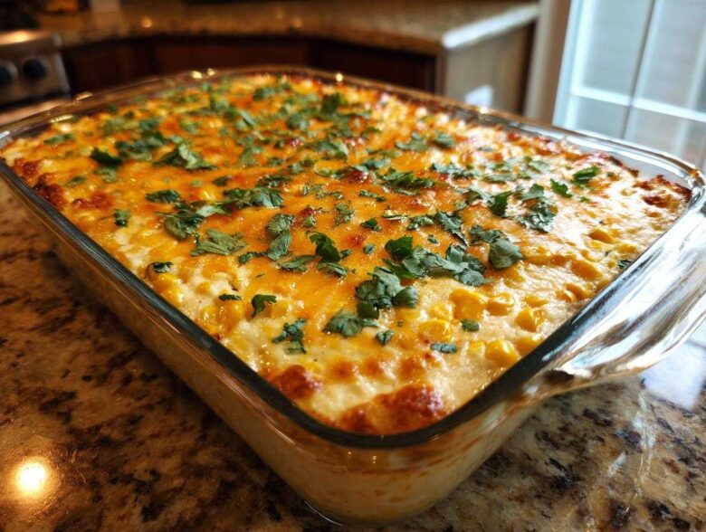 A close-up of a freshly baked Mexican street corn dip in a glass baking dish, topped with melted cheese and cilantro.