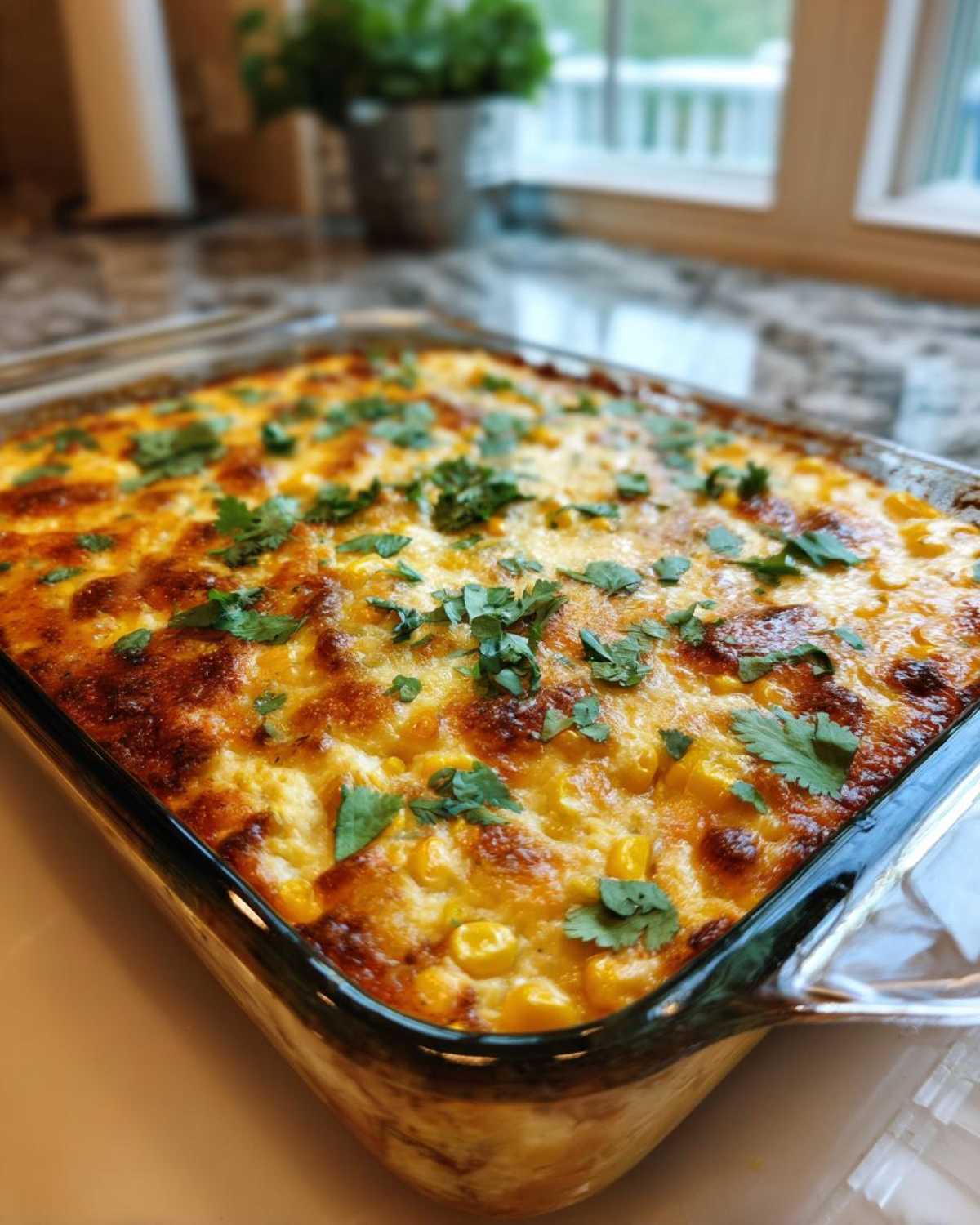 A close-up of bubbling Mexican street corn dip in a glass baking dish, topped with fresh cilantro.