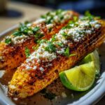 Close-up of grilled Mexican street corn with chili powder, cotija cheese, cilantro, and lime wedges.