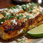 Close-up of Mexican street corn garnish, featuring grilled corn on the cob topped with creamy sauce, crumbled cheese, cilantro, and chili powder, served with a lime wedge.