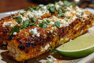 Close-up of Mexican street corn garnish, featuring grilled corn on the cob topped with creamy sauce, crumbled cheese, cilantro, and chili powder, served with a lime wedge.