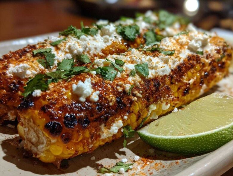 Close-up of Mexican street corn garnish, featuring grilled corn on the cob topped with creamy sauce, crumbled cheese, cilantro, and chili powder, served with a lime wedge.